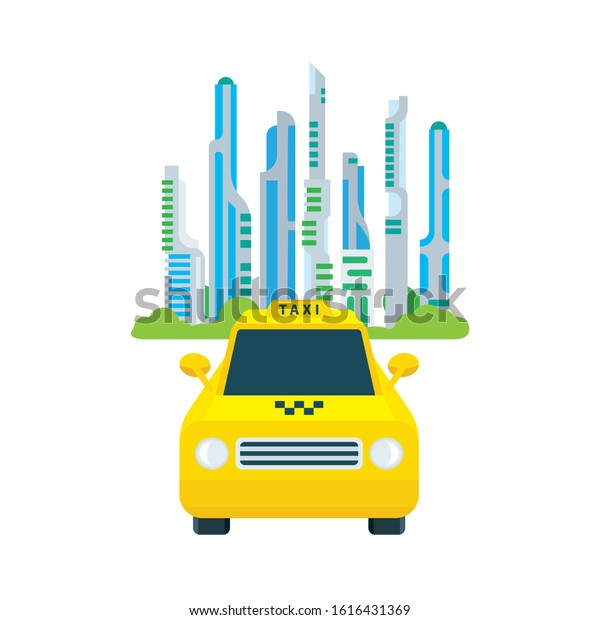 Taxi. Isometric taxi and future city vector\
illustrations collection. Low poly taxi car graphic. Taxi order\
concept. Part of set.