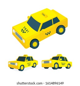 Taxi. Isometric taxi vector illustrations collection. Low poly taxi car graphic. Simple drawing car top, side and front views. Part of set.