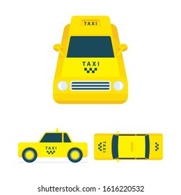 Taxi. Isometric taxi vector illustrations collection. Low poly taxi car graphic. Simple drawing car top, side and front views. Part of set.