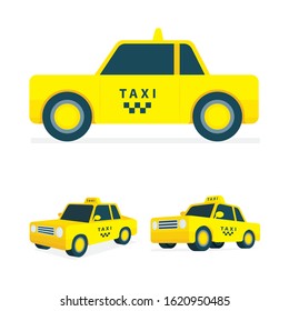 Taxi. Isometric taxi vector illustrations collection. Low poly taxi car graphic. Simple drawing car top, side and front views. Part of set.