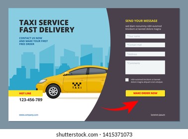 Taxi landing. Booking car promotion city service with web form for making order online vector web page layout template. Illustration of online service taxi, transport page