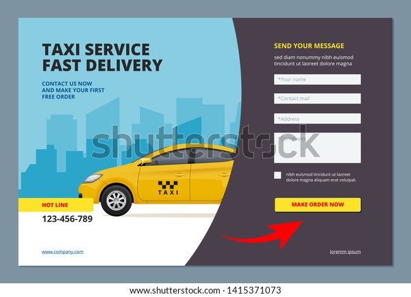 Taxi landing.\
Booking car promotion city service with web form for making order\
online vector web page layout template. Illustration of online\
service taxi, transport\
page