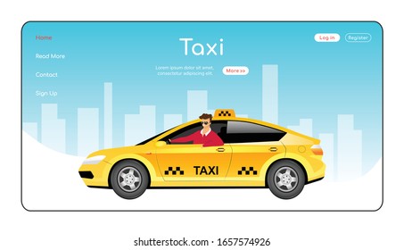 Taxi landing page flat color vector template. Urban travel service homepage layout. Cab delivery one page website interface with cartoon character. Express transportation order web banner, webpage