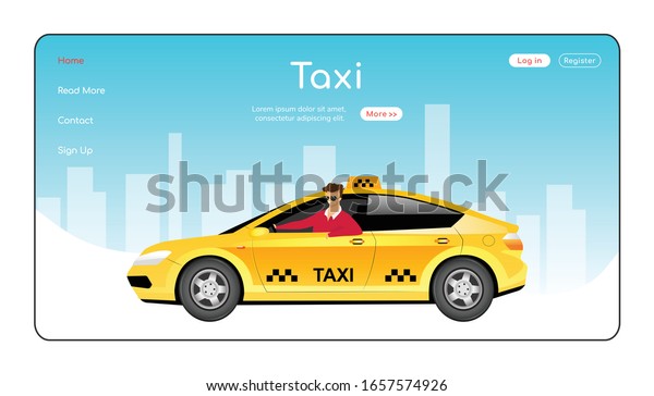 Taxi landing page flat color vector template.\
Urban travel service homepage layout. Cab delivery one page website\
interface with cartoon character. Express transportation order web\
banner, webpage