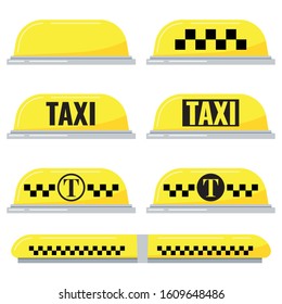 Taxi light sign vector set isolated on white background in cartoon flat style. Yellow taxi checkered lamp and text for car roof illustration. Yellow taxi carroof panel image collection for your design