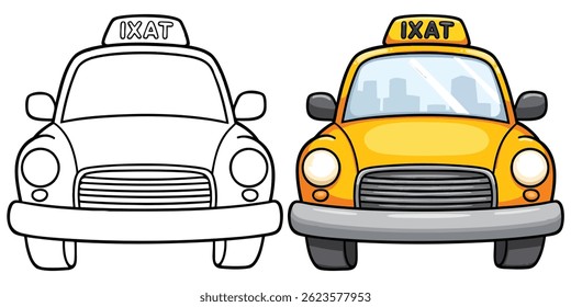 Taxi Line Art Vector Outline Illustration Black and White with Coloring Sample