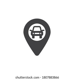 Taxi location pin vector icon. filled flat sign for mobile concept and web design. Map pointer with car glyph icon. Symbol, logo illustration. Vector graphics