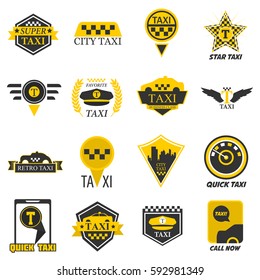 Plantillas de logotipo de taxi para la web de la empresa o icono de aplicación de smartphone. Símbolo amarillo a cuadros, taxímetro, gorro de conductor y cinta retro star, vástago de navegación de la ciudad, cintas y alas