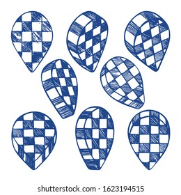 Taxi map pins sketch drawing collection. Hand drawn map pin with checkerboard texture. Taxi signs set in different angles and views.