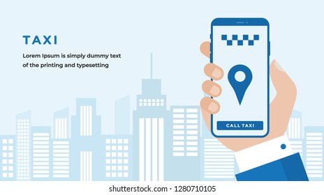 Taxi Mobile App Concept with Businessman Hand Holding a Smartphone with Map Pin on City Building Skyline Background. Suitable for Web banner, Infographics, Hero images. Flat Vector illustration 