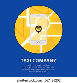 Taxi mobile app concept. Smartphone with mobile app and map city. Taxi for smartphone.