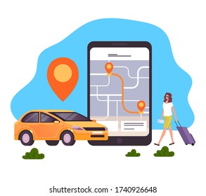 Concepto de aplicación móvil de taxi. Ilustración de dibujos animados de diseño gráfico plano vectorial