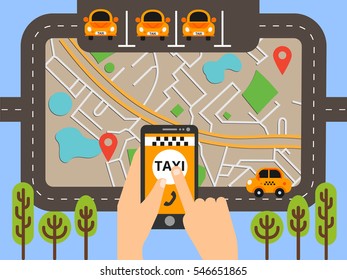 Taxi mobile app concept. Vector illustration in flat design on city map background. Hand Holding Mobile Phone Booking Taxi.vector illustration for business, info graphic, banner, presentations.