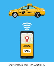 Taxi mobile app concept. White Smartphone with mobile app and yellow taxi car. Vector illustration in simple flat design