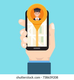 Taxi mobile app.  Man hand holds smartphone. Vector illustration.