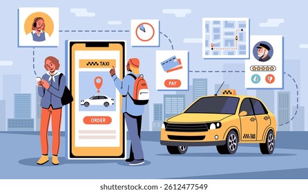 Taxi mobile app. Public transport online service, calling yellow car, people with big smartphone, city street landscape, map, driver rating and pay information, tidy vector cartoon flat style concept