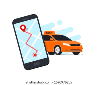 Taxi mobile application concept. Urban taxi service. Smartphone phone with taxi app on display. Online ordering car, rent and sharing using service. Flat vector illustration.