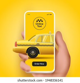 Taxi mobile application or ordering taxi online from smartphone concept illustration with trendy semi-realistic human hand holding smartphone with taxi car on the screen on yellow background. Vector