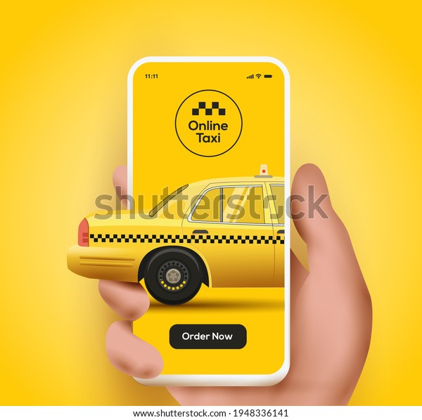 Taxi mobile application or ordering taxi online\
from smartphone concept illustration with trendy semi-realistic\
human hand holding smartphone with taxi car on the screen on yellow\
background. Vector