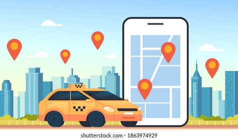 Taxi mobile internet online uber carsharing parking concept vector flat cartoon graphic design illustration