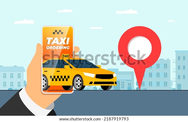 Taxi mobile ordering service app concept. Online
order yellow cab. Hand holding smartphone with geotag gps location
pin arrival address on city street. Web application get taxicab.
Vector eps banner