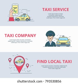 Taxi mobile service search driver mobile app application icon linear Flat style website vector illustration banner slider set. Ã�Â¡all center sign, hand touch smartphone, yellow car, navigation pin