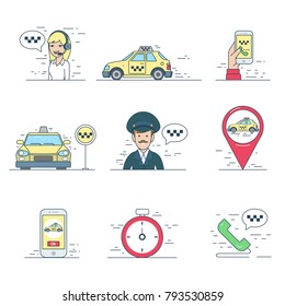 Taxi mobile service search driver mobile app application icon linear Flat style website vector illustration set. Ã�Â¡all center sign, hand touch smartphone, yellow car, navigation pin, clock