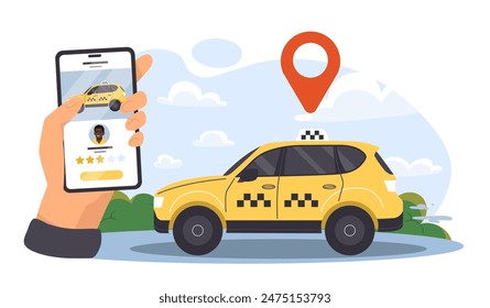 Taxi navigation concept. Person orders transport. Application for tourists and travelers. Rating of drivers. Yellow cab. Cartoon flat vector illustration isolated on white background