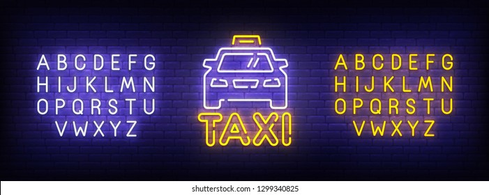 Taxi neon sign, bright signboard, light banner. Taxi logo, emblem and label. Neon sign creator. Neon text edit