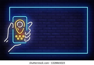 Taxi Neon Signboard in Frame Vector. Taxi neon sign, design template, modern trend design, night neon signboard, night bright advertising, light banner, light background. Vector illustration