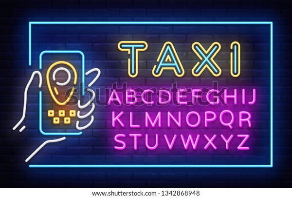 Taxi Neon Signboard in Frame Vector. Taxi neon sign,\
design template, modern trend design, night neon signboard, night\
bright advertising, light banner. Vector illustration. Editing text\
neon sign