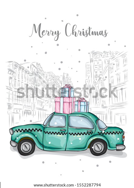 Taxi with New Year\'s gifts on the roof. Winter and\
snow, new year and christmas. Vector illustration for a card or\
poster. Car.