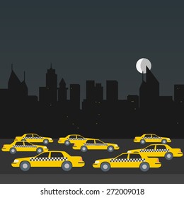 Taxi At Night. Cityscape Vector