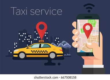 Taxi at night concept. Hands with smartphone and application, city silhouette with tower, Vector illustration. Flat design.