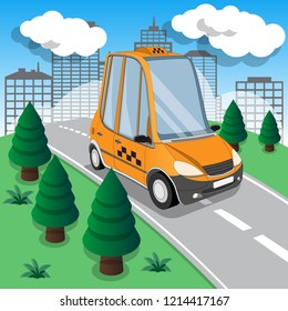 Taxi on the background of the city. Vector illustration. 