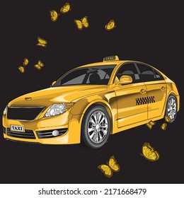 taxi on black background for poster, t-shirt print, business element, social media content, blog, sticker, vlog, and card. vector illustration.