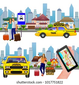 Taxi on city background. Yellow taxi car, passengers and smartphone with city map. Vector illustration