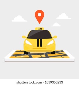 Taxi on giant smartphone with city map on screen. Taxi with location pin on road online ordering.