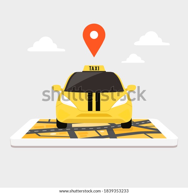 Taxi on giant smartphone with\
city map on screen. Taxi with location pin on road online\
ordering.