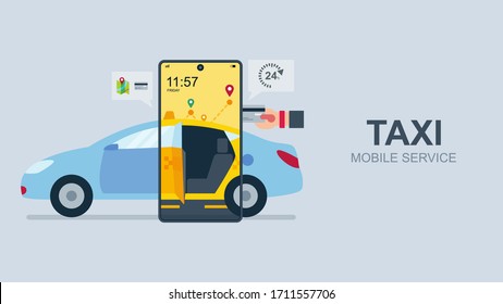 Taxi on mobile service, Online-Zahlung, Flach gestaltete Vektorillustration Illustration, 24-Stunden-Service, Kreditkarte.