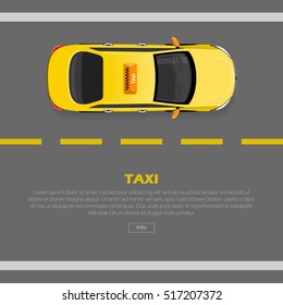 Taxi on road web banner. Flat style 3d isometric high quality car taxi. City service transport icon. Car taxi. Taxi web infographic. Isometric yellow taxi cab top view. Vector illustration