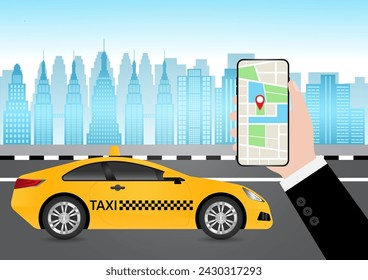 Taxi Online Application on Smartphone. Calling or Booking Taxi Service Concept.  Vector Illustration. 