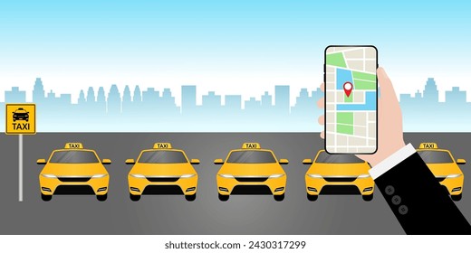 Taxi Online Application on Smartphone. Calling or Booking Taxi Service Concept.  Vector Illustration. 