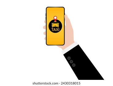 Taxi Online Application on Smartphone. Calling or Booking Taxi Service Concept.  Vector Illustration. 