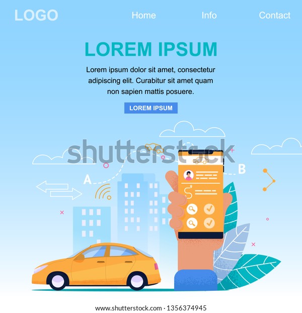 Taxi Online Application Service. Yellow Car in\
Cityscape and Arm Holding Smartphone. Ride Booking Application.\
Customer Transportation Landing Page. Interactive Journey Pointer.\
Square Banner.