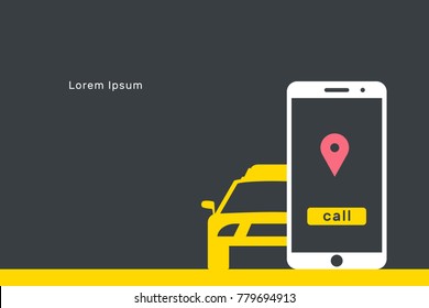 Taxi online illustration, flat banner vector, smartphone and car with order mark, text, call taxi, yellow, black, dark, white, red