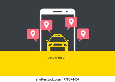 Taxi online illustration, flat vector banner, smartphone and car with a label, delivery with customer's coordinates, call taxi, yellow, black, dark, white, red