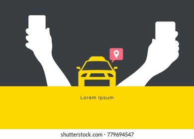 Taxi online illustration, flat vector banner, smartphone and car with order mark, text, hands hold smartphones, call taxi, yellow, black, dark, white, red