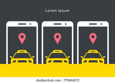 Taxi online illustration, flat vector banner, smartphone and car with order mark, text, cars and smartphones in a row, call taxi, yellow, black, dark, white, red