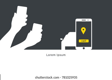 Taxi online illustration, flat vector banner, smartphone and car with a label, hands hold smartphones with order coordinates, call taxi, yellow, black, dark, white